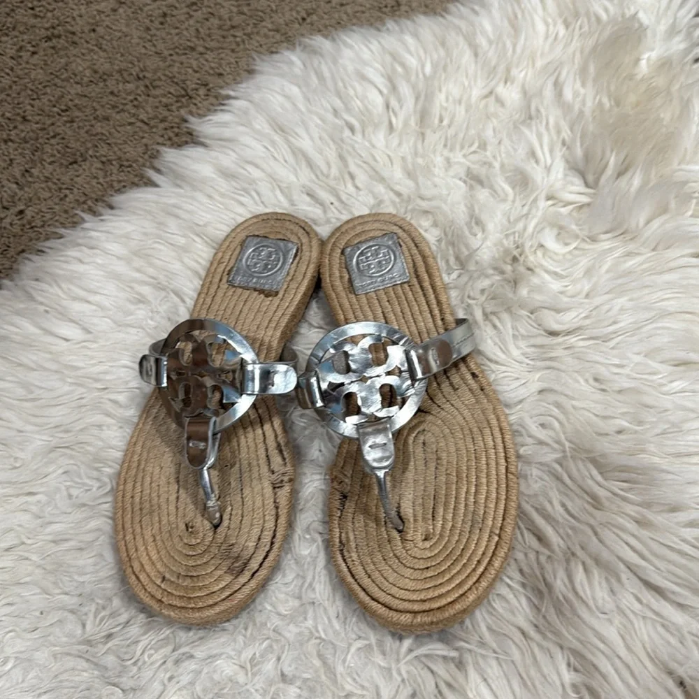 Tory Burch Miller Espadrille‎ Logo In Mirror Metallic Silver Women’s Size 10